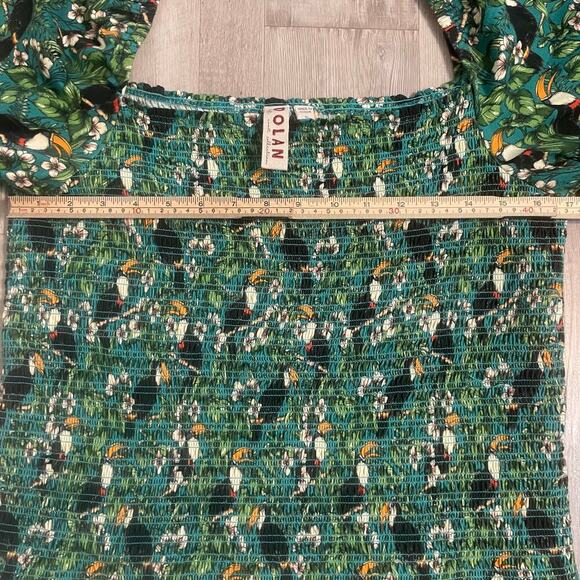 Dolan x Anthropologie Green Left Coast Smocked Puff Sleeved Top Tropical Bird XL - Picture 5 of 13